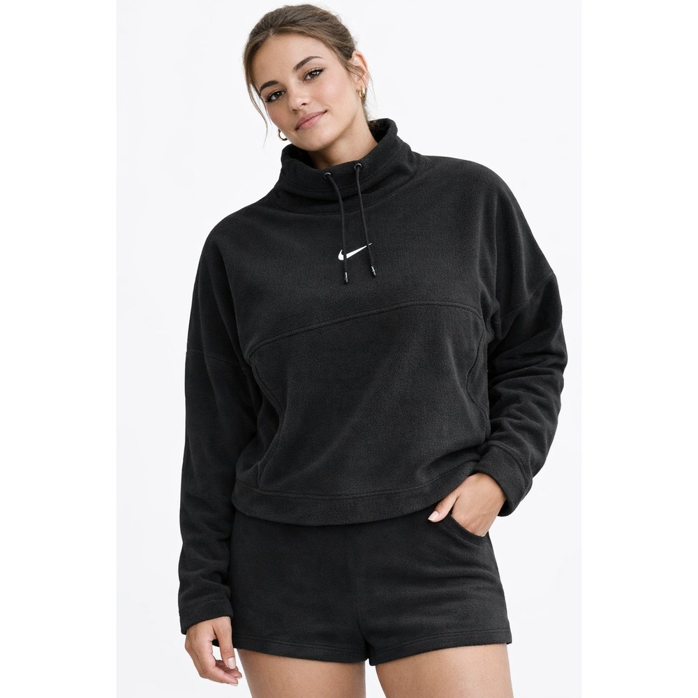Nike W Black Fleece Funnel Neck Pullover Sweatshirt Swoosh Logo Large 12-14 NEW